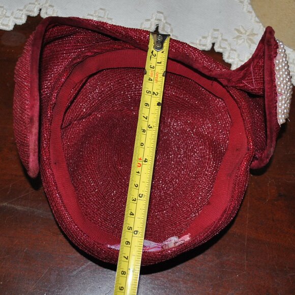 For Repair Vintage 1950\'s Christine Original Burgundy Straw Hat with Pearl Beads main image 6